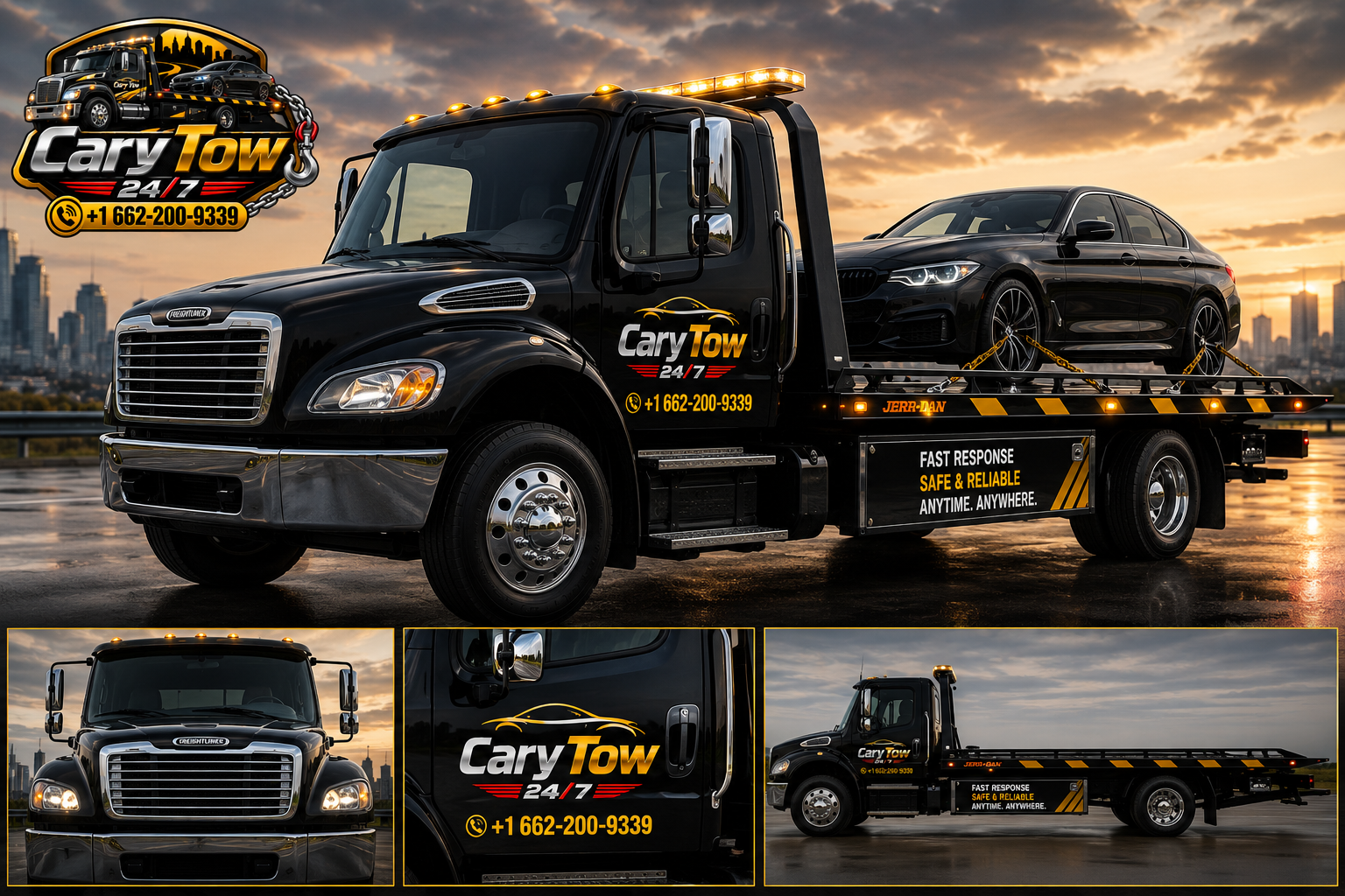 Cary Tow flatbed truck transporting a vehicle